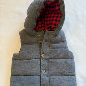 Baby Gap Puffer Vest 12-18 months Charcoal Gray with Buffalo Plaid Inside Hoody